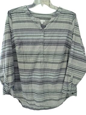 J. Jill Grey And Blue Striped Cotton Popover Tunic Top Linen Look Lagenlook 2X